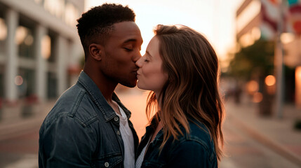 Fototapeta premium African and european couple kissing outdoors with romantic love interracial relationship and sunset dating concept