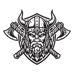 Fototapeta premium Viking warrior mascot with horned helmet and crossed axes in black and white illustration