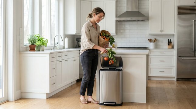 Woman discarding food waste into a trash can in a bright kitchen  