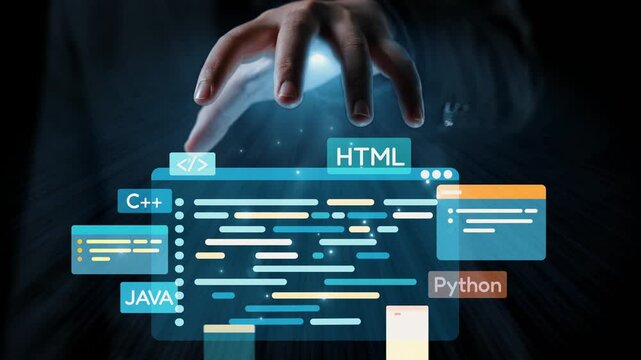 A creative depiction of a programmer hand interacting with an illuminated code interface featuring various programming languages in a futuristic setting. Qubit