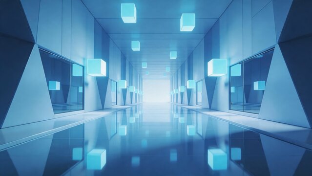 Futuristic corridor with glowing cubes