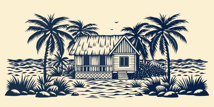 tropical beach hut with thatched roof and palm trees