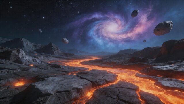 Lava flow on alien planet with galaxy