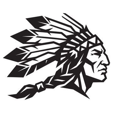 Native American Chief Profile Wearing Traditional Feather Headdress War Bonnet Black And White Vector Illustration.