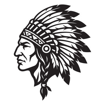 Native American Chief Profile Wearing Traditional Feather Headdress War Bonnet Black And White Vector Illustration.