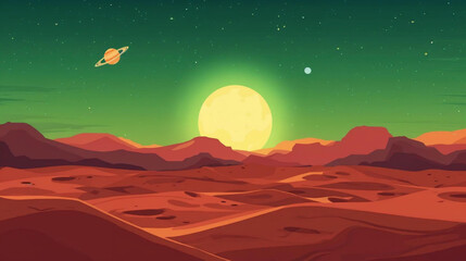 Flat vector graphic of a Martian landscape, depicting a red desert surface dotted with craters and rugged mountains under a vibrant green sky. © Pemuda