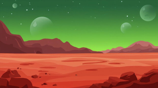 Flat vector graphic of a Martian landscape, depicting a red desert surface dotted with craters and rugged mountains under a vibrant green sky.