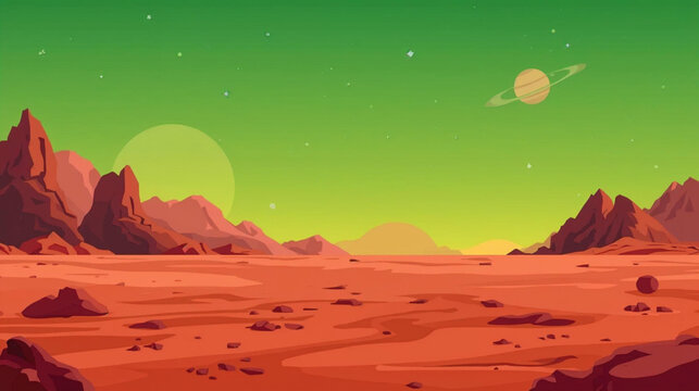 Flat vector graphic of a Martian landscape, depicting a red desert surface dotted with craters and rugged mountains under a vibrant green sky.