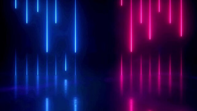 Neon lines animation with glowing blue and pink vertical lights reflecting on a dark floor surface.