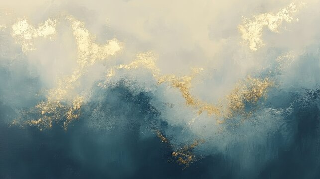 42.Muted silky hues merging in cloud-like forms, glittering gold veins spreading across the canvas, rich yet gentle textures creating a refined modern abstract artwork.