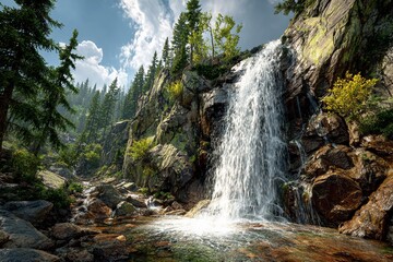 Obraz premium Waterfall Dances Upwards, Pouring Silver Drops Into the Bright Sky Generative AI