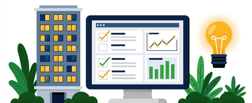 Online commercial property management featuring building evaluation dashboard, task tracking, and advanced data insights, illustrating office space selection