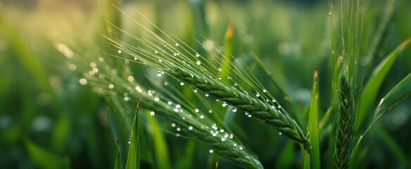 Fototapeta premium Radiant close-up of dew-kissed wheat stalks against a vibrant agricultural field backdrop.