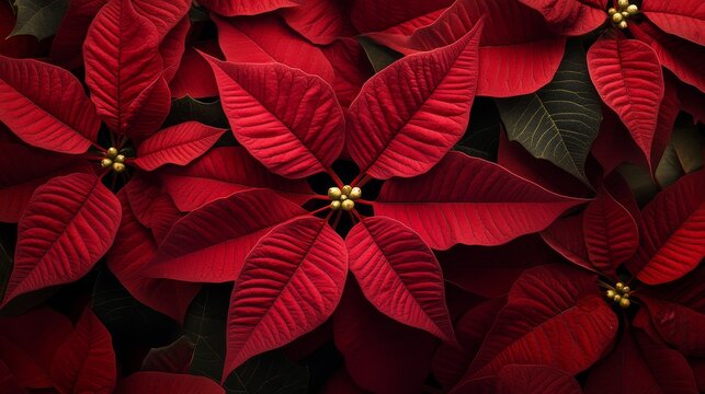 34.Detailed poinsettia arrangement with rich saturated reds, organic petal edges, intricate leaf patterns, soft diffused glow, minimal background emphasizing the bold floral design.