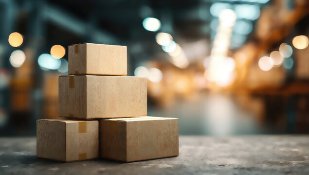 Stacked cardboard boxes await shipment in a dimly lit warehouse with blurred lights