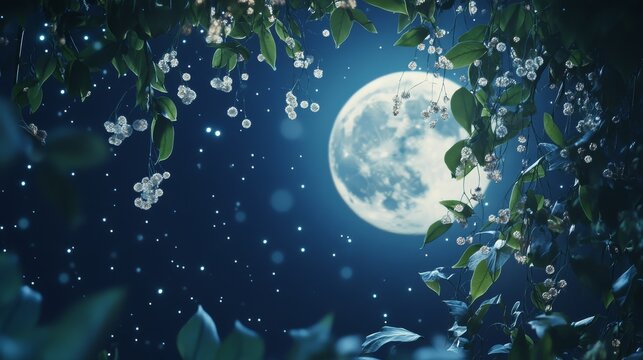 68.Enchanted night scene where a luminous full moon glows softly behind floating clusters of mistletoe, shimmering leaves and delicate berries drifting in the air, creating a dreamlike celestial