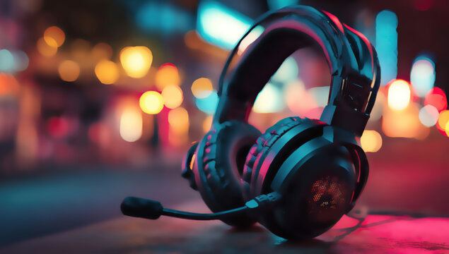 High-tech headphones rest on a surface with a vibrant, blurred city backdrop