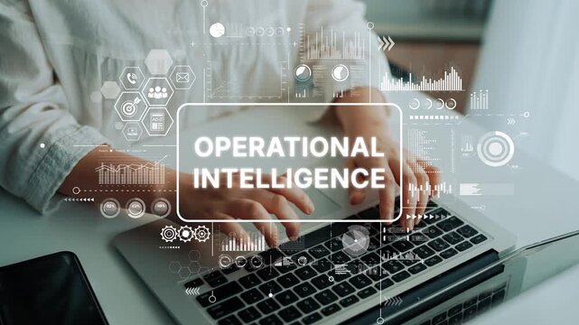 Business Professional Analyzing Operational Intelligence Data on Laptop with Graphical User Interface Overlays. Asymptotic smart data analytic.