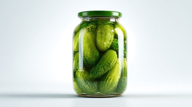 Pickled Cucumber Jar: A glass jar filled with whole pickled cucumbers, preserved in brine and ready to be enjoyed.