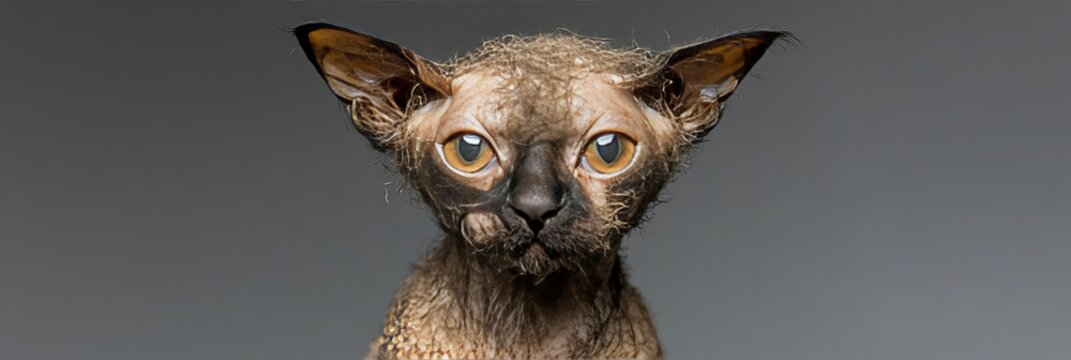 Expressive La Perm Cat with Striking Eyes and Charming Fur Poses Against a Clean Gray Backdrop