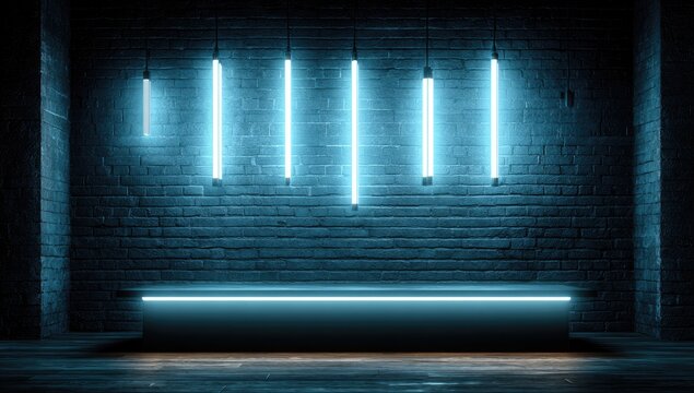 Neon blue lights illuminate a brick wall and a platform, casting shadows in a dark space