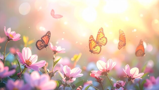 Colorful butterflies flying over blooming spring flowers in soft sunlight
