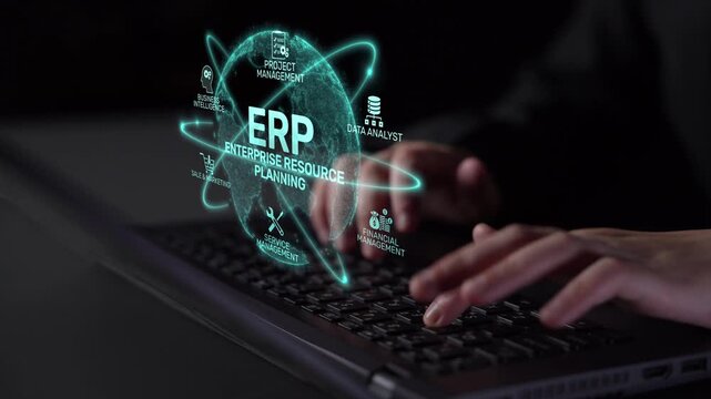 ERP platform visual showing centralized system for enterprise resource planning, improving integration, data flow, business efficiency, finance, inventory, and human resources. Muxer