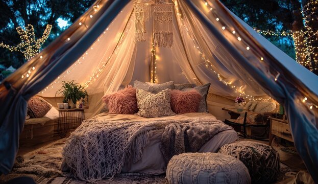 Cozy, bohemian-style glamping tent illuminated by soft, warm string lights