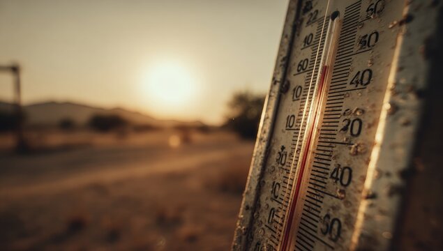 A close-up of a weathered thermometer in a dry, sun-baked landscape at sunset