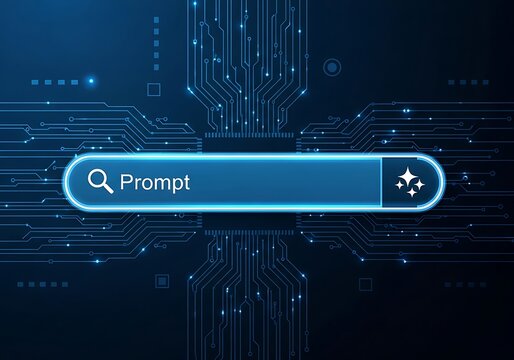 Digital search bar with the word prompt illuminated against a futuristic circuit board background with glowing blue lines and nodes