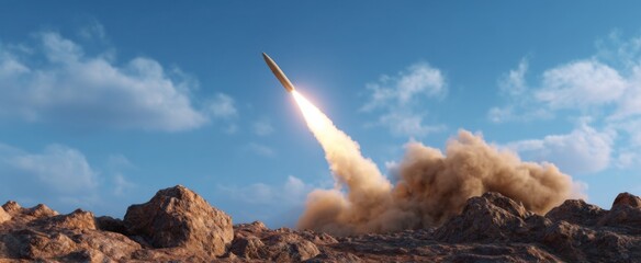 Naklejka premium a military missile soars from a coastal defense platform like a dragon taking flight