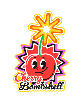 Cherry berry bomb and explosion vintage Y2K sticker or tag. TNT explosive isolated retro groovy patch, dynamite vector tag. Cherry berry bomb cute character with burning wick Y2K label or sticker