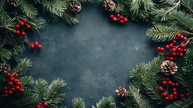 48.Neatly designed wreath-like border of mixed pine leaves, red berries, and small handcrafted decorations, top-view layout with textured shadows and elegant negative space.