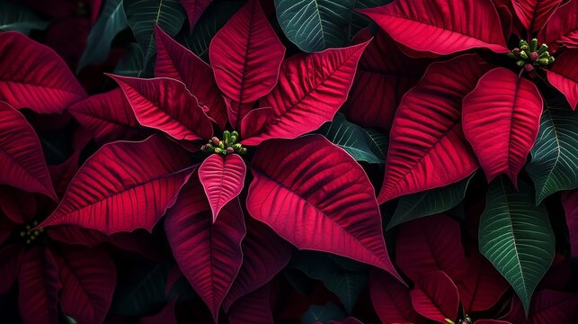 33.Close-up composition of a lush poinsettia cluster, radiant crimson bracts radiating outward, glossy emerald leaves curling gently, subtle shadows enhancing depth, elegant holiday floral aesthetic.