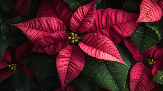 33.Close-up composition of a lush poinsettia cluster, radiant crimson bracts radiating outward, glossy emerald leaves curling gently, subtle shadows enhancing depth, elegant holiday floral aesthetic.
