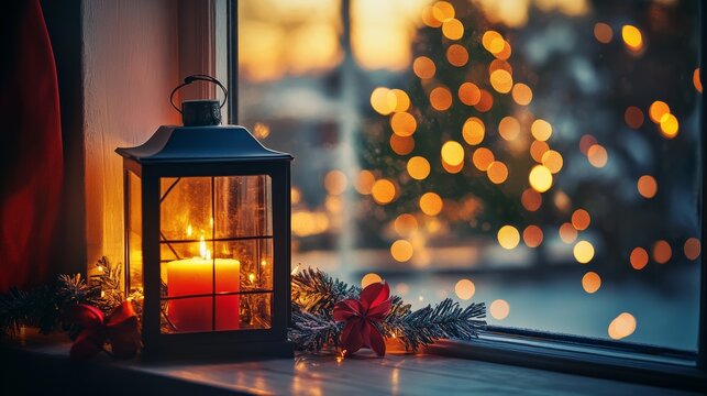 91.Merry Christmas! Stylish Christmas gift and glowing lantern in window on background of christmas tree with lights in evening