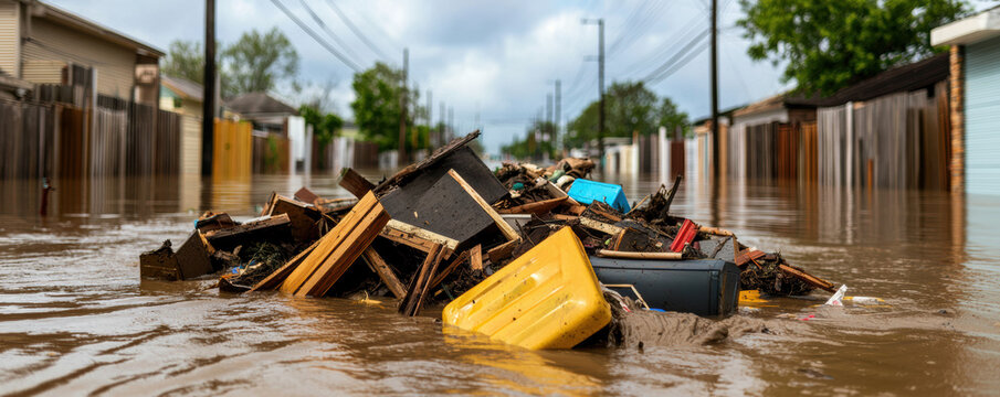 Flooded street with debris and damaged furniture floating in murky water between residential houses.