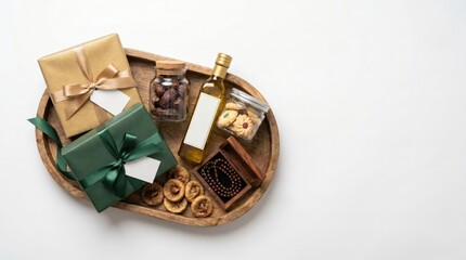 Fototapeta premium Elegant Gift Basket with Gourmet Food Items and Presents on a White Background.