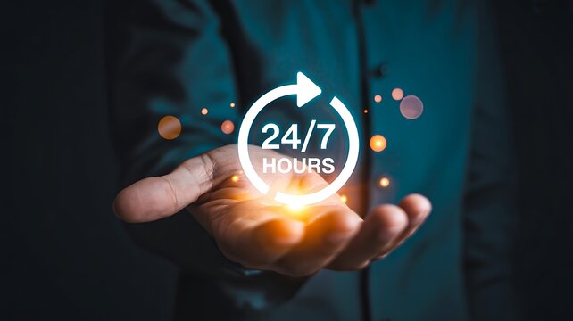 24 hours customer support concept with glowing digital service icon and businessman holding virtual assistance symbol