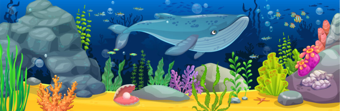 Underwater landscape game background with cute whale. Sea underwater vector landscape. Ocean bottom background with blue whale funny cartoon character, seaweed and corals, pearl seashell and rocks