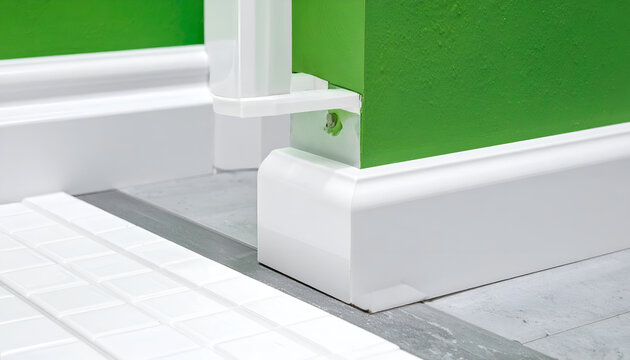 Close-up of white baseboard molding against a vibrant green wall.