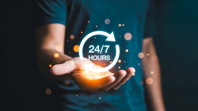 24 hours customer support concept with glowing digital service icon and businessman holding virtual assistance symbol
