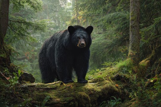 Asiatic black bear in a misty temperate forest at dawn