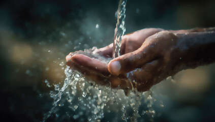 Fototapeta premium Gentle hands cup clean water cascading in a serene, earthy setting