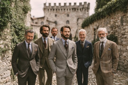 Bearded men in tailored suits posing near a historic castle