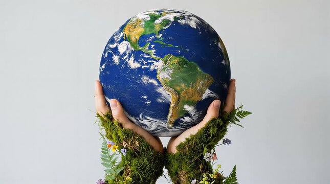Pair of human arms and hands covered in lush green moss and plants lifting a realistic glass globe, best for global conservation awareness campaigns.
