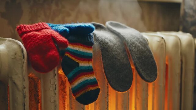 Warm socks and mittens drying on radiator in cozy indoor setting  
