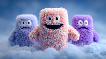 Fototapeta premium Cute fluffy emotional characters symbolizing mental health, happiness, anxiety, and emotional balance through playful colorful monster figures in a surreal soft environment