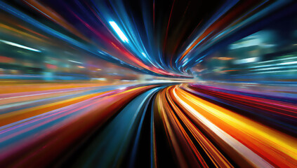 Fototapeta premium Streaks of bright colored light blur as a vehicle speeds through a tunnel