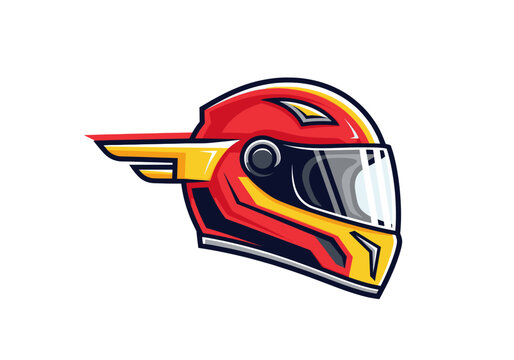 Red and yellow racing helmet illustration with wing element